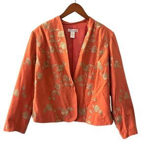 Dress Barn Orange & Gold 100% Silk Gold Floral Embroidered Blazer Jacket Size 1X